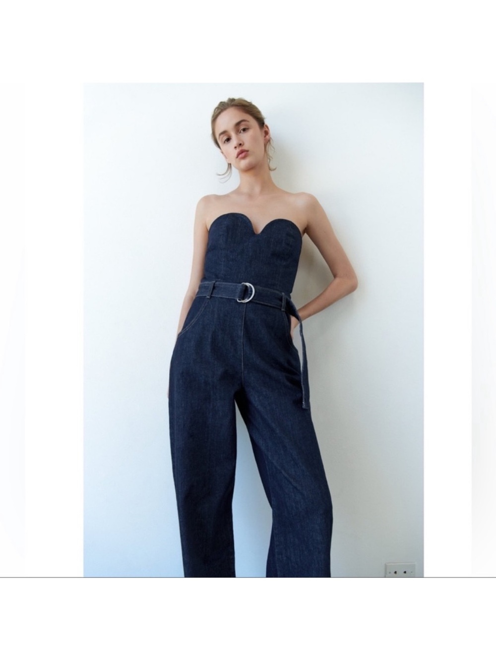 Zara Strapless Dark Indigo Denim Jumpsuit with Belt